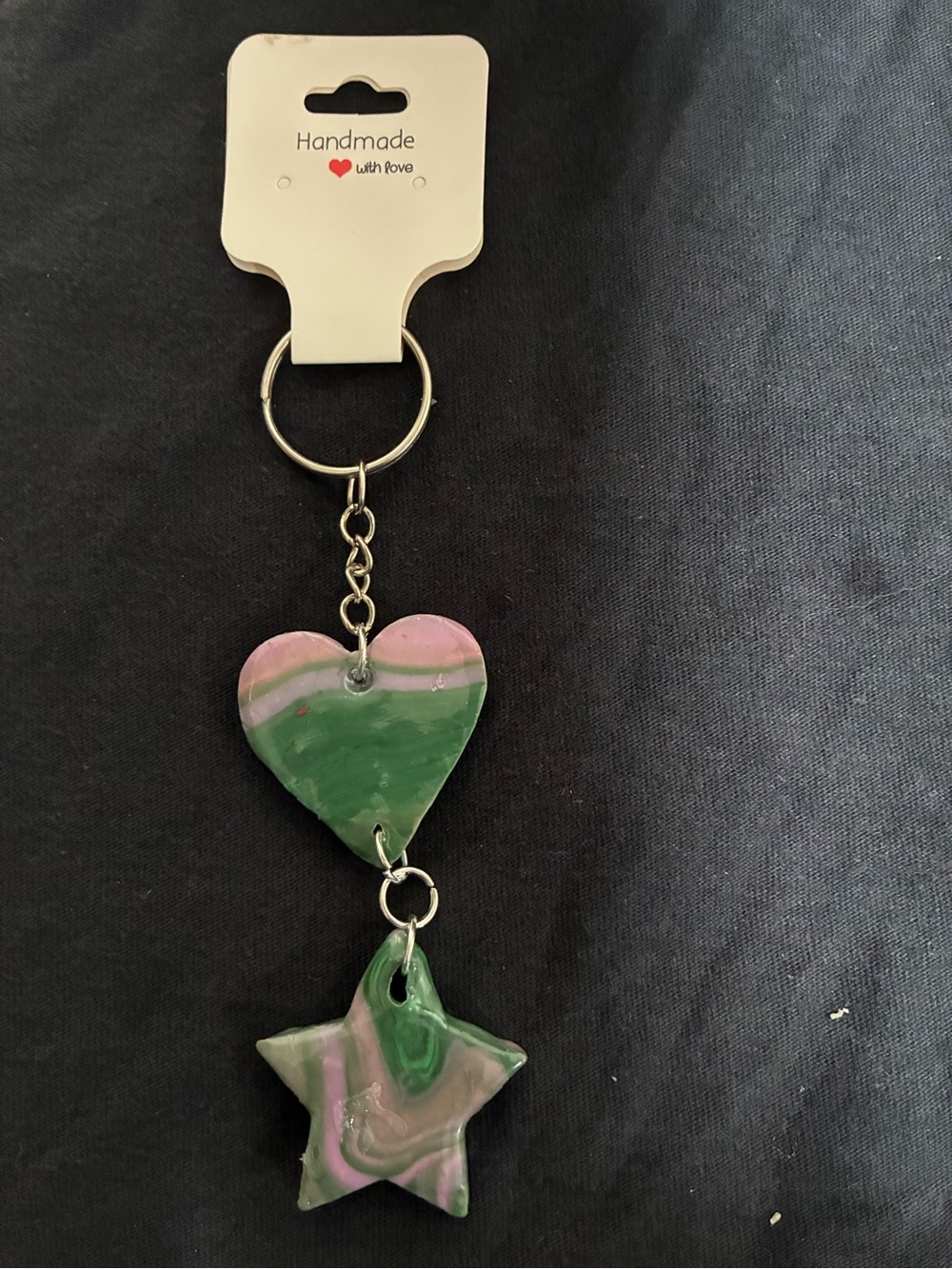 Polymer clay heart and star keychain or bag charm